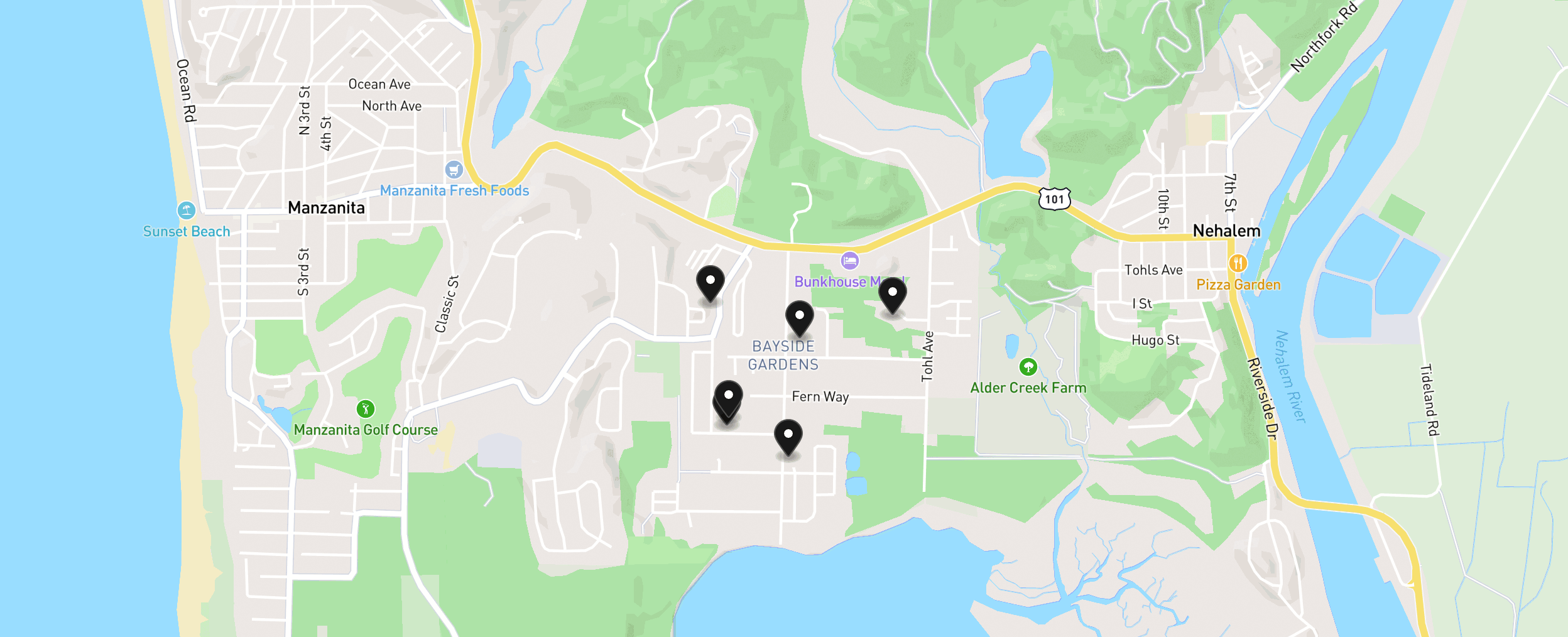 Map of Bayside Gardens with 6 homes for sale pinned