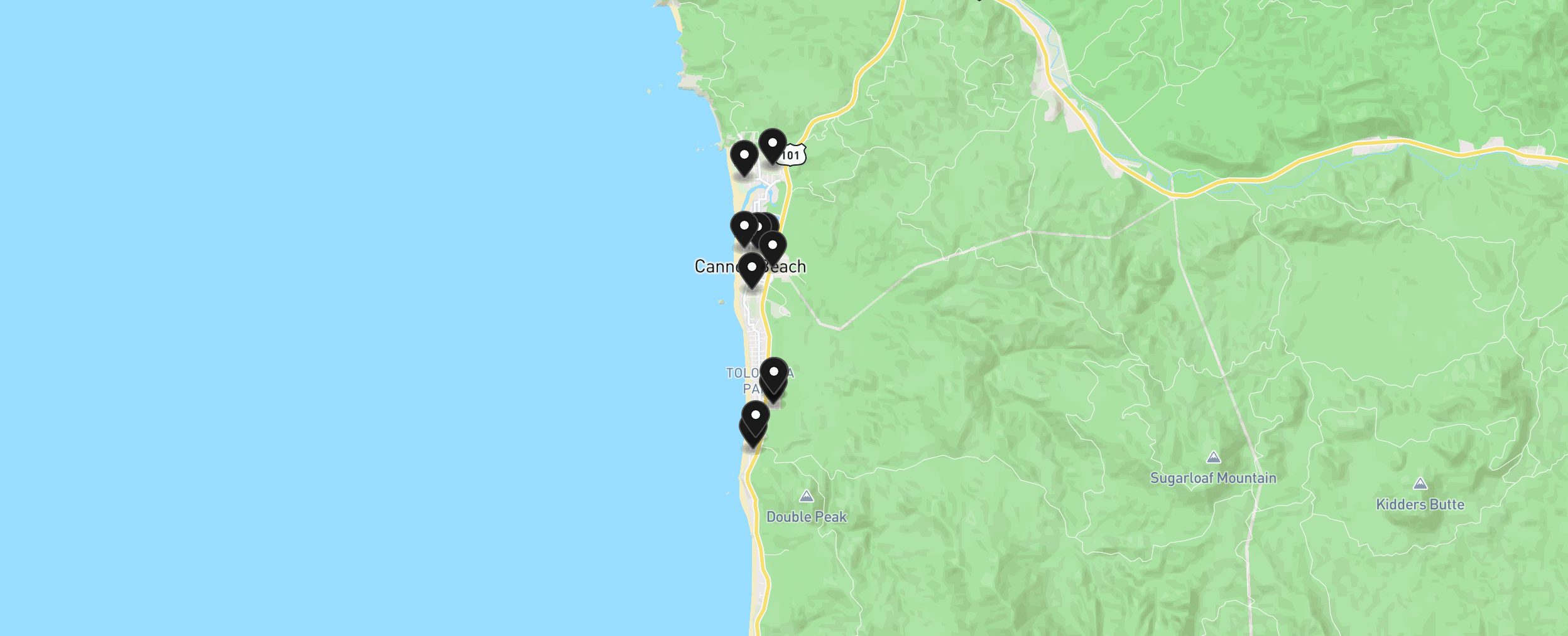 Map of Cannon Beach with 12 homes for sale pinned