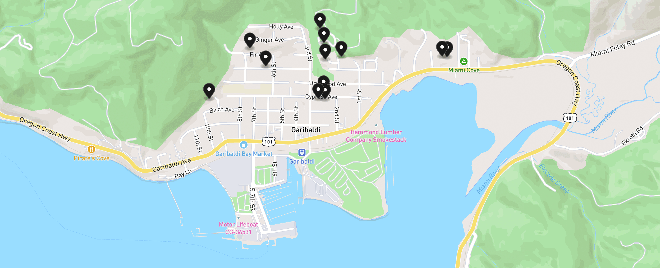 Map of Garibaldi with 12 homes for sale pinned