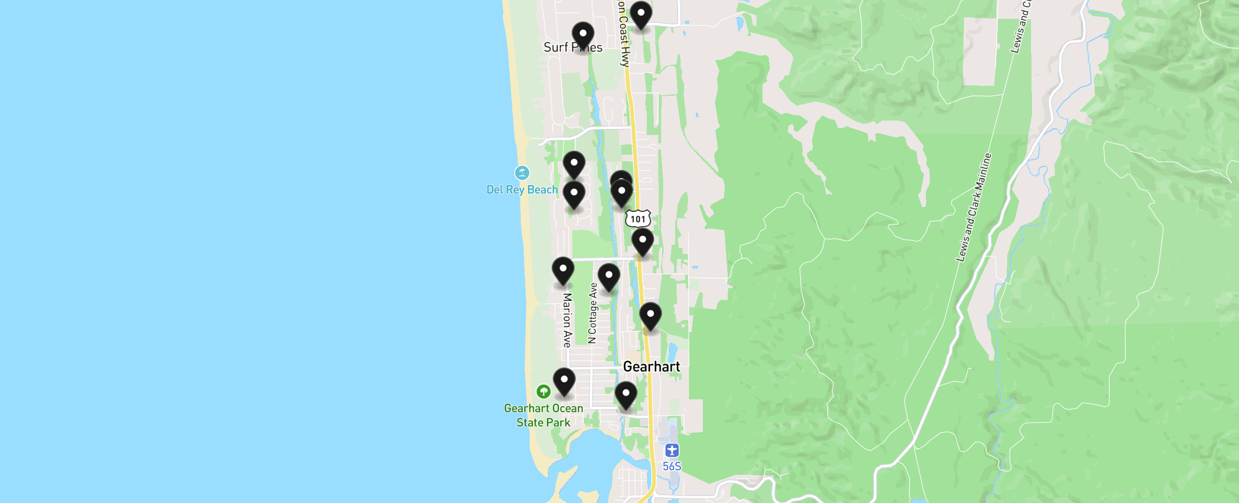 Map of Gearhart with 12 homes for sale pinned