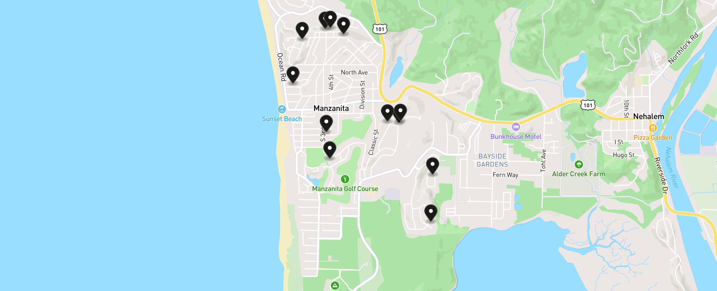 Map of Manzanita with 12 homes for sale pinned