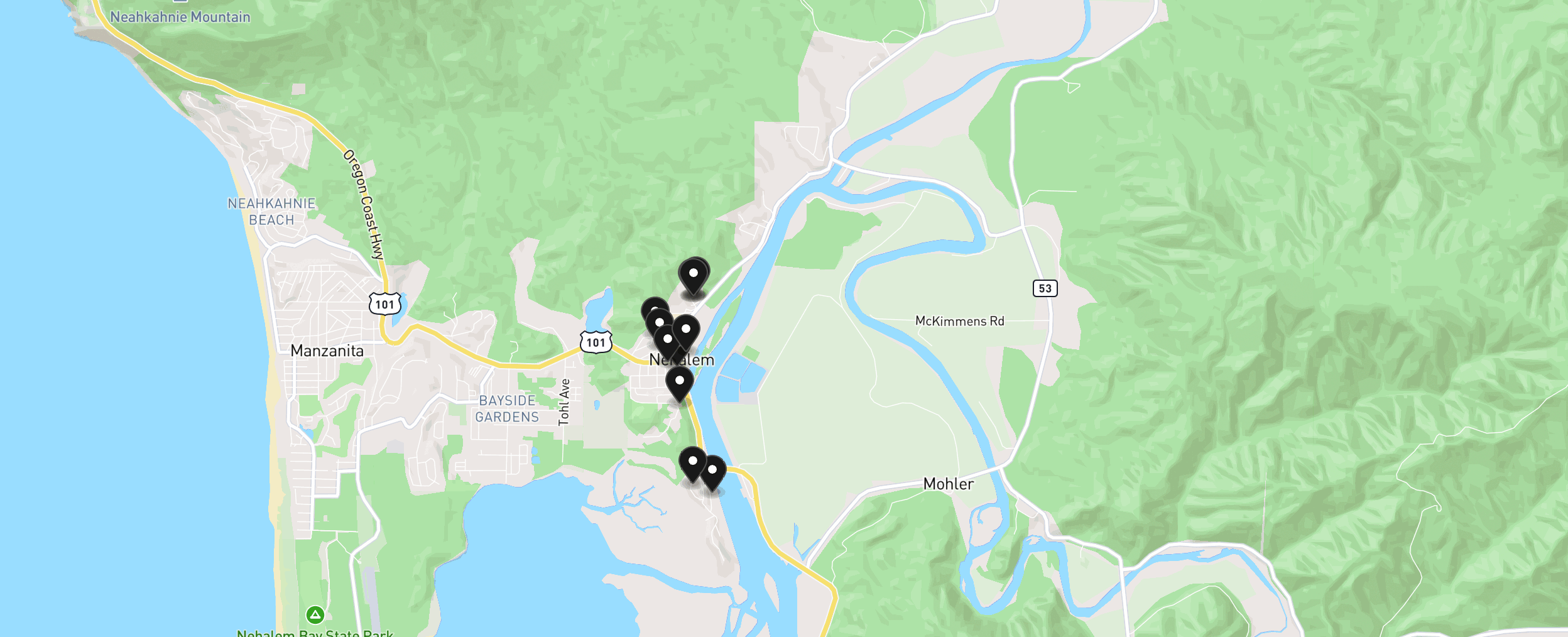 Map of Nehalem with 12 homes for sale pinned