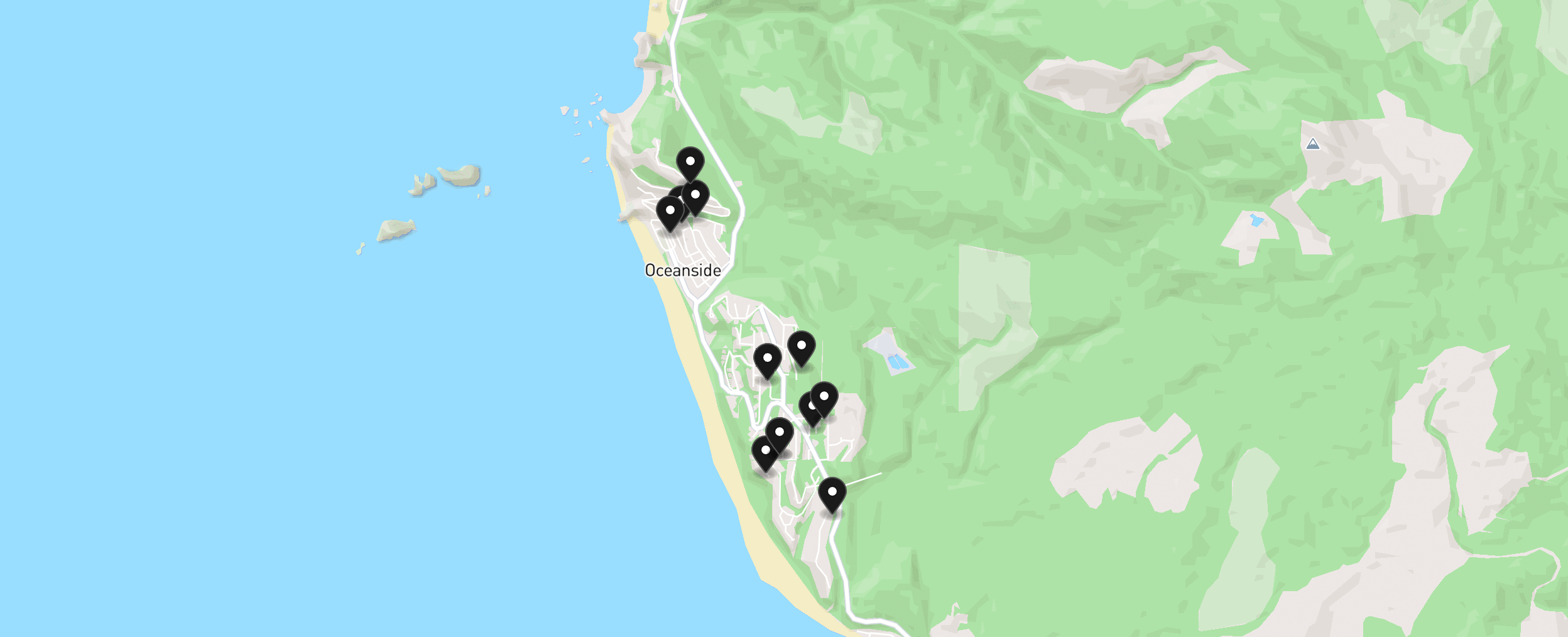 Map of Oceanside with 12 homes for sale pinned