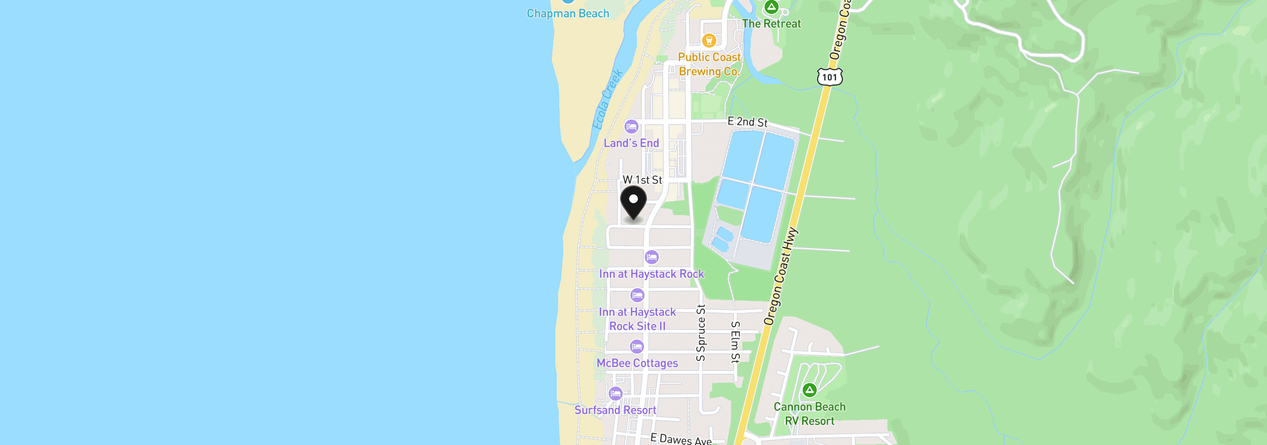 Map showing the location of 138 W Washington St, Cannon Beach, OR 97110