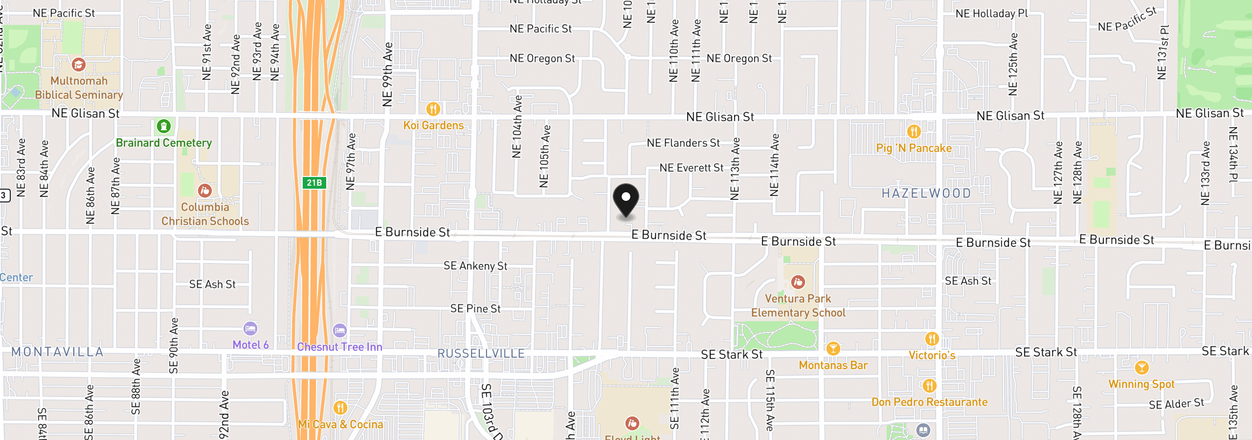 Map showing the location of 10843 E Burnside St, Portland, OR 97216