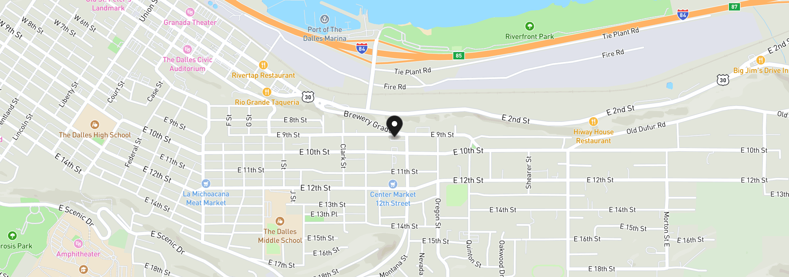 Map showing the location of 1622 E 9th St, The Dalles, OR 97058