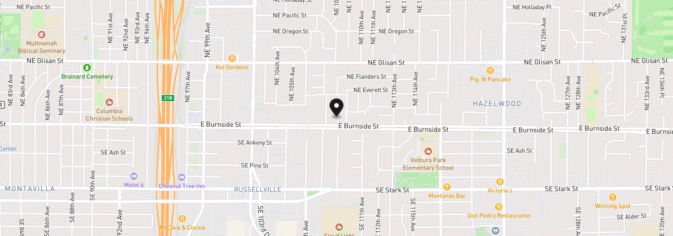 Map showing the location of 10845 E Burnside St, Portland, OR 97216