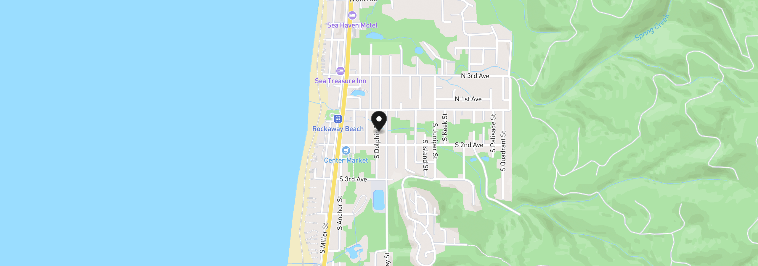 Map showing the location of 172 S Dolphin St, Rockaway Beach, OR 97136