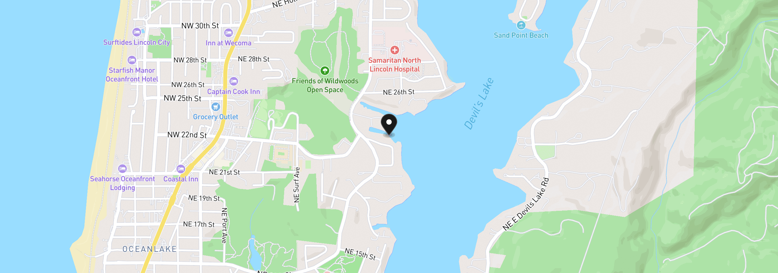 Map showing the location of 2100 NE Lake Dr, Lincoln City, OR 97367