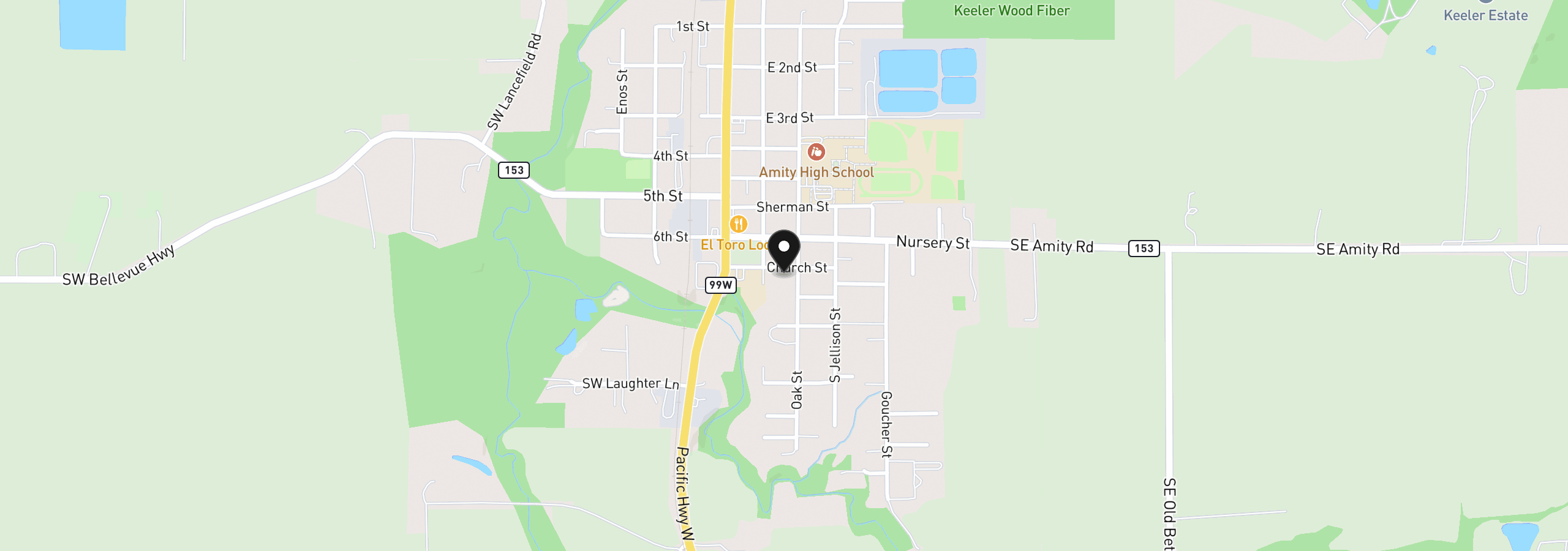 Map showing the location of 211 Church St, Amity, OR 97101