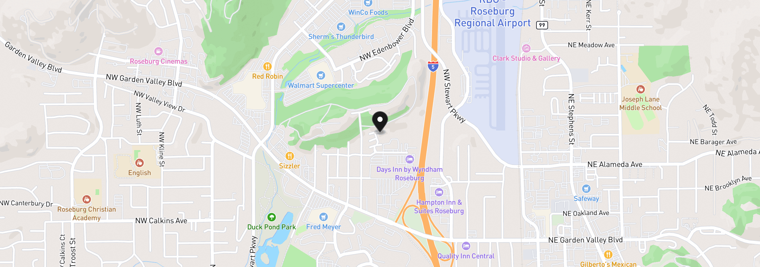 Map showing the location of 28 NW Mountain View Dr, Roseburg, OR 97471