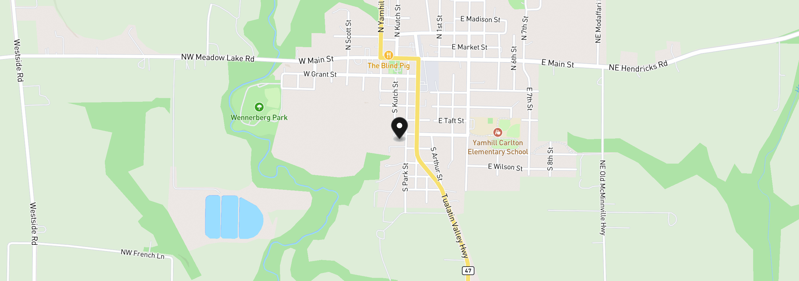 Map showing the location of 601 S Park St, Carlton, OR 97111