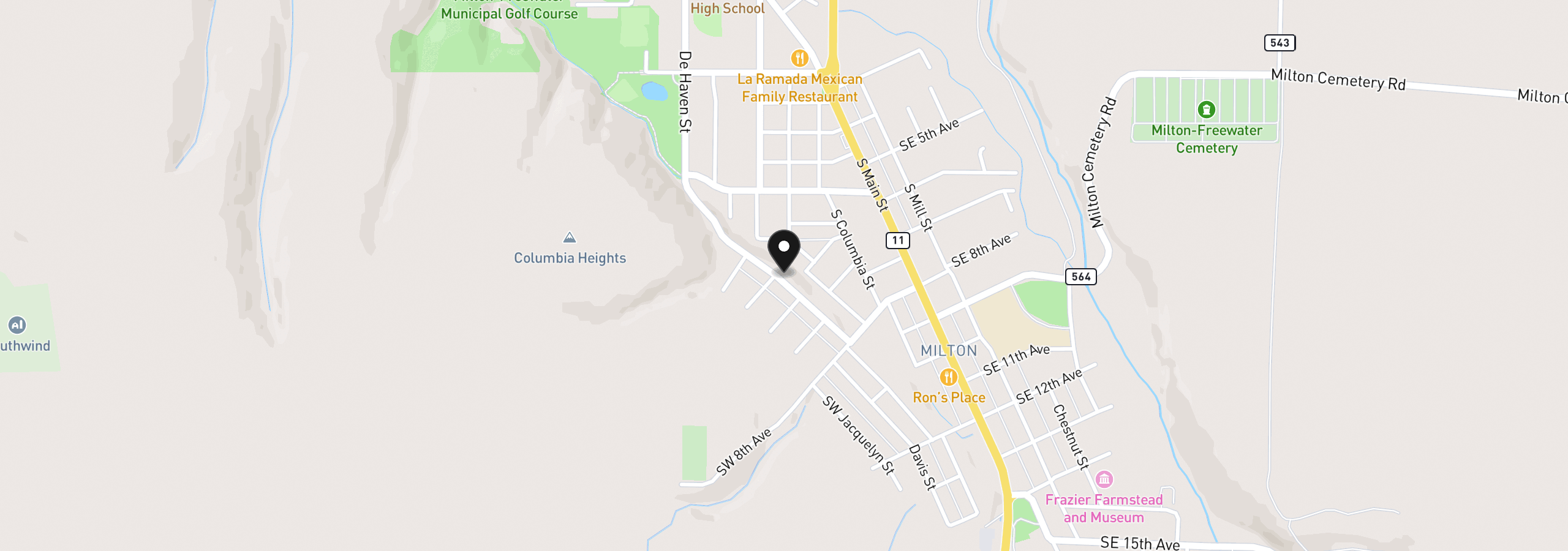Map showing the location of 000 College St, Milton-Freewater, OR 97862