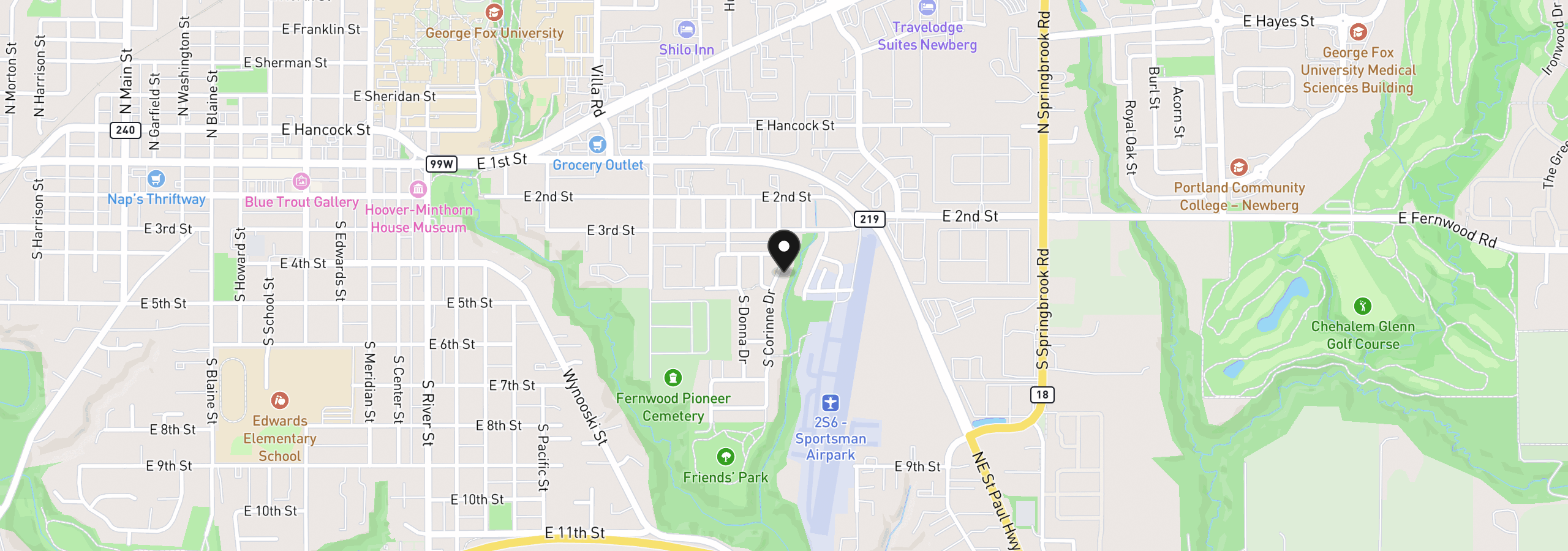 Map showing the location of 466 S Corinne Dr, Newberg, OR 97132