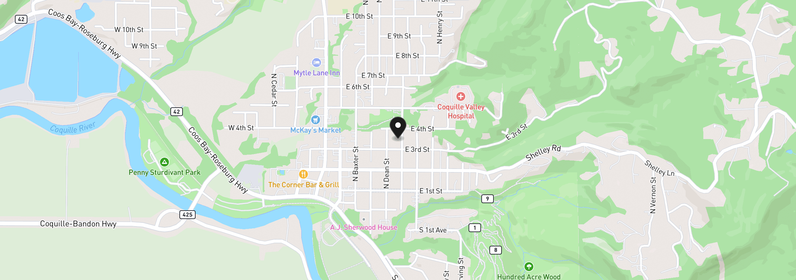 Map showing the location of 343 N Elliott St, Coquille, OR 97423