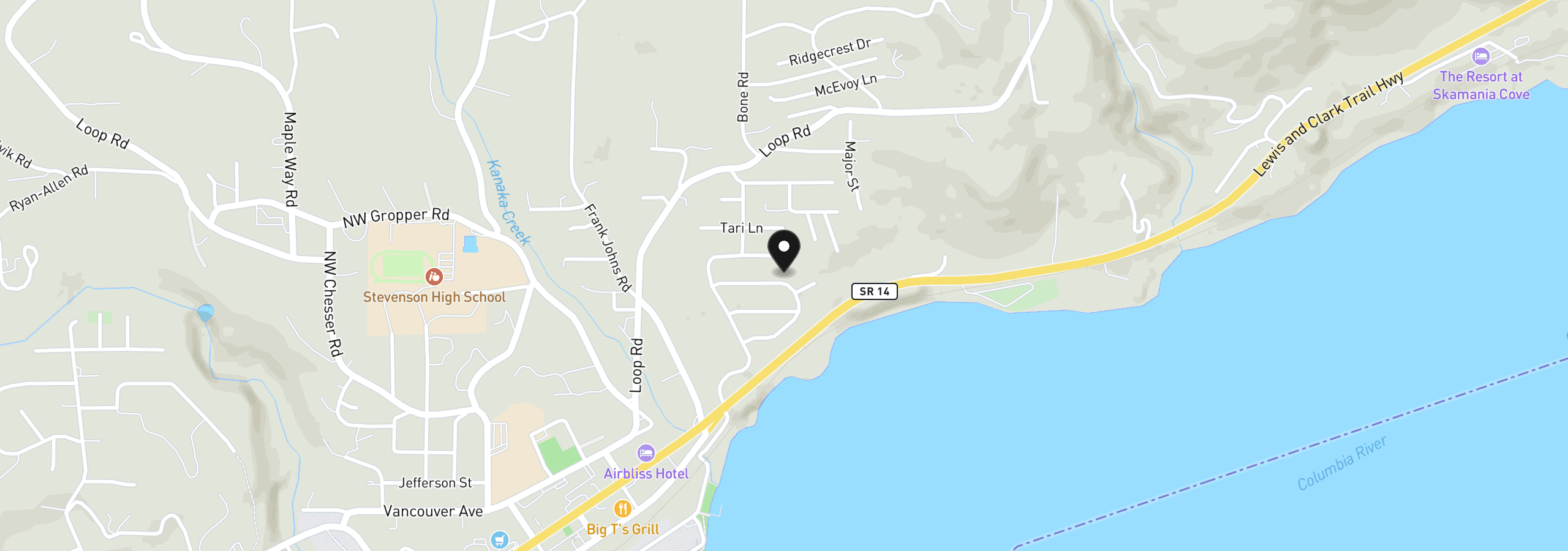Map showing the location of 215 NE Upper Basso Cir, Stevenson, Wa 98648