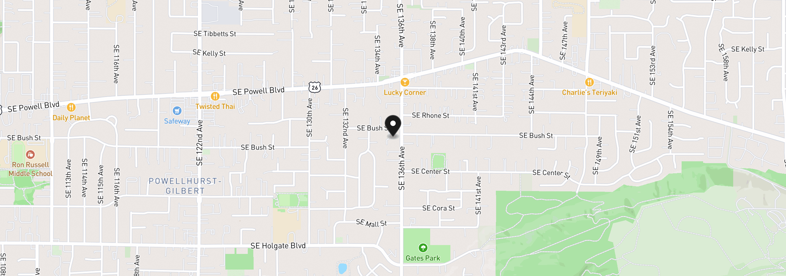 Map showing the location of 3845 SE 136th Ave, Portland, OR 97236