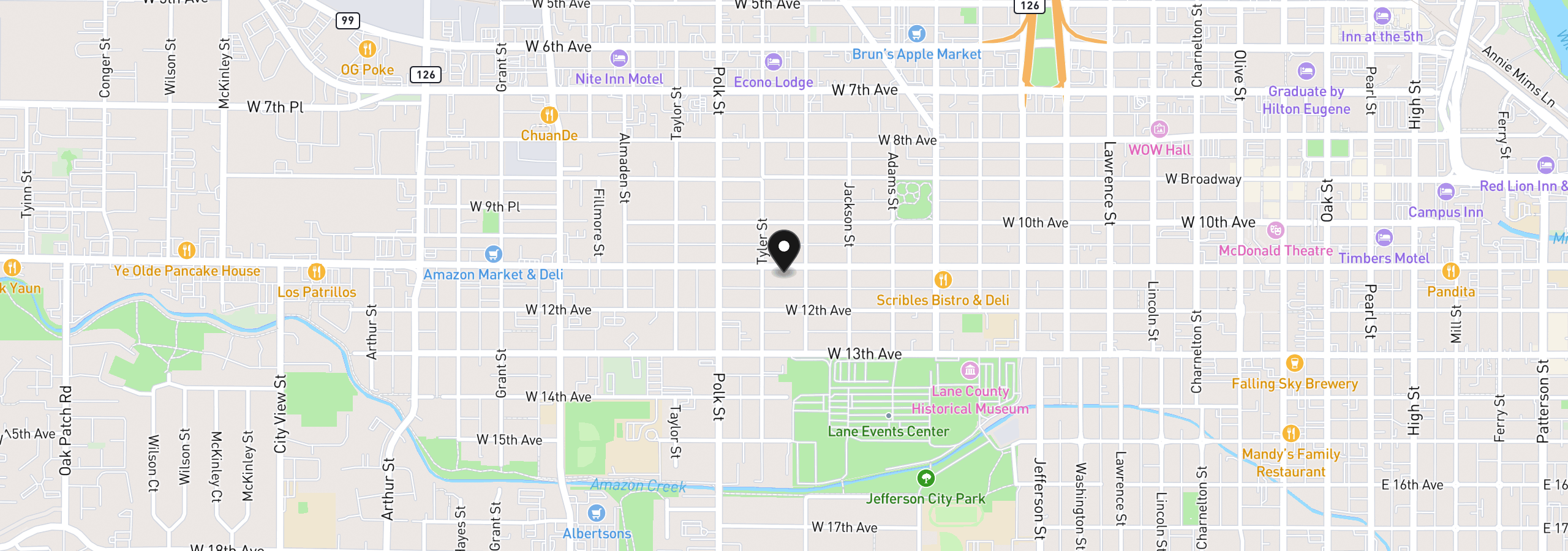 Map showing the location of 1150 W 11th Ave, Eugene, OR 97402