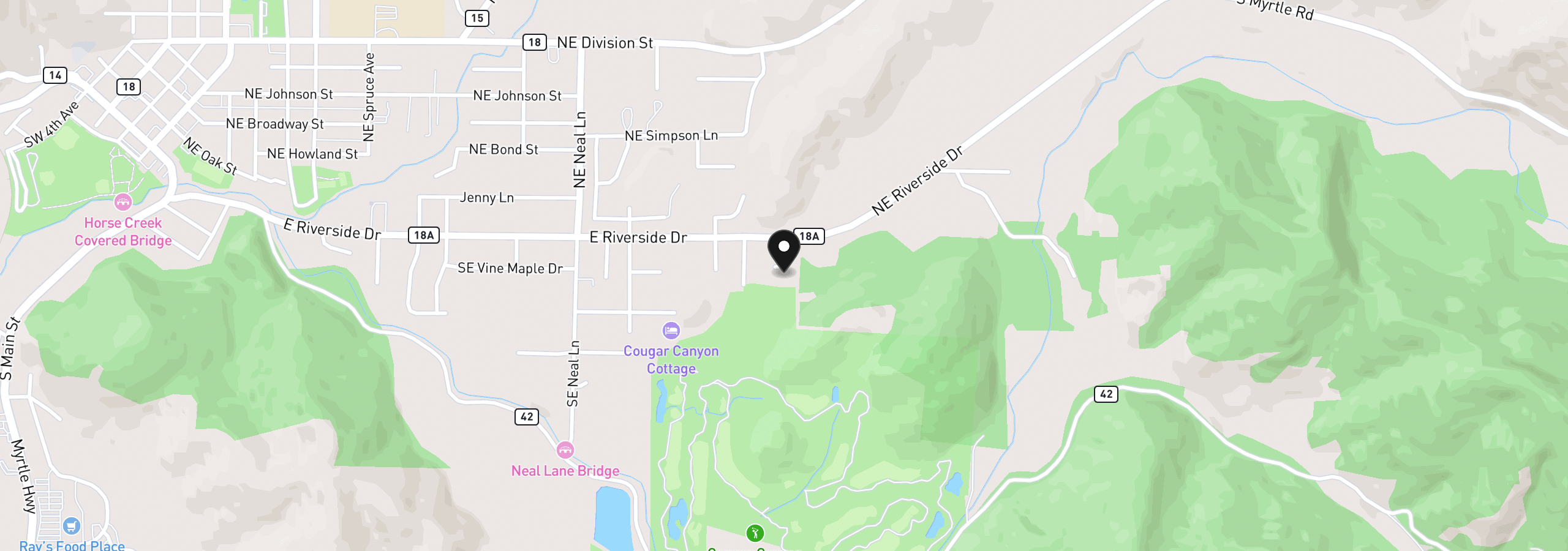 Map showing the location of 133 SE Terra Ct, Myrtle Creek, OR 97457