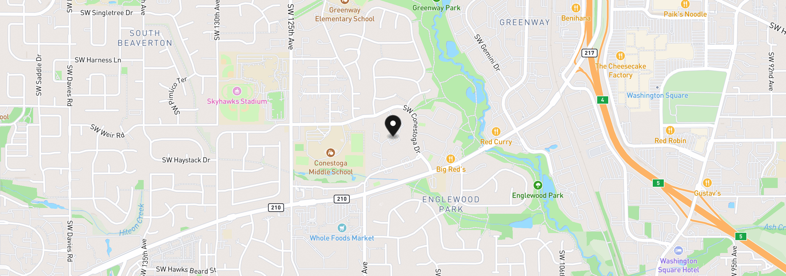 Map showing the location of 10132 SW Trapper Ter, Beaverton, OR 97008