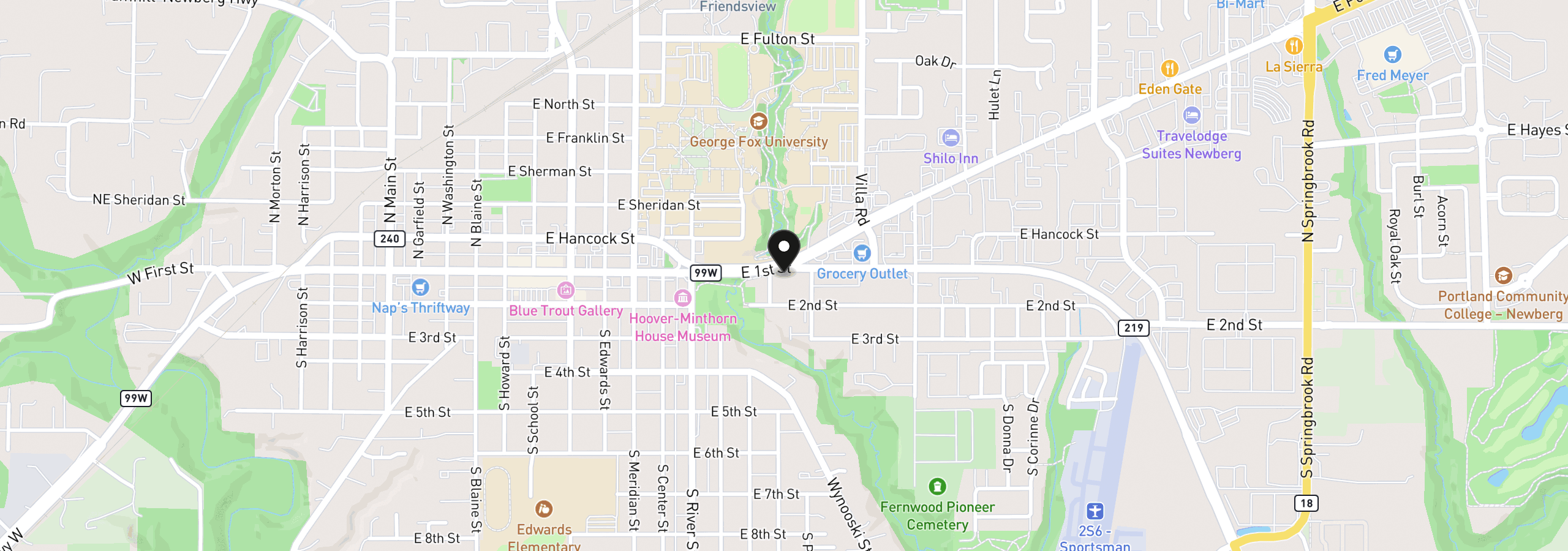 Map showing the location of 1318 E 1st St, Newberg, OR 97132