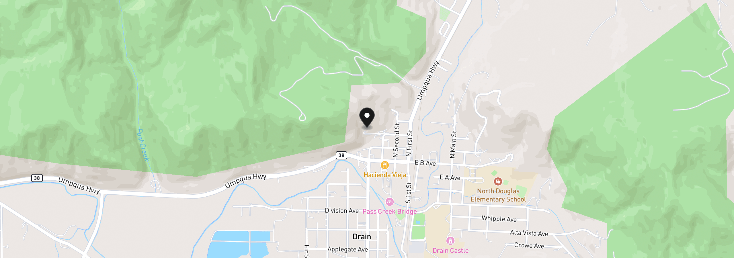 Map showing the location of 420 W D Ave, Drain, OR 97435