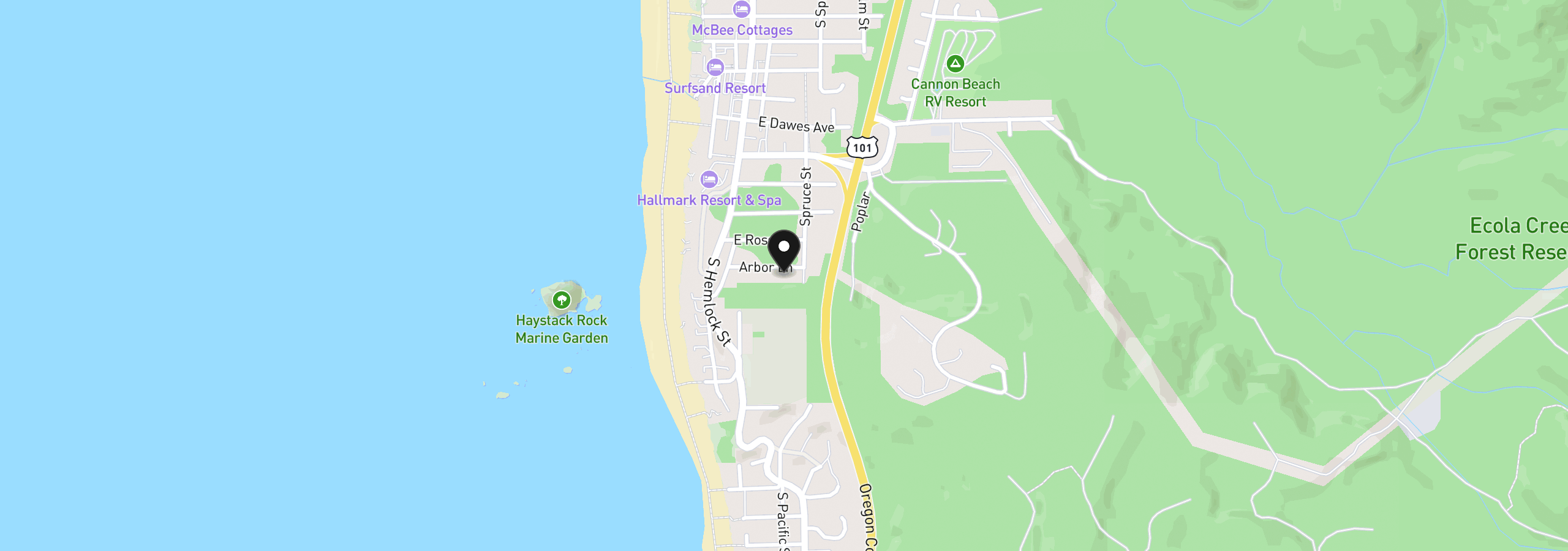 Map showing the location of 163 Arbor Ln, Cannon Beach, OR 97110