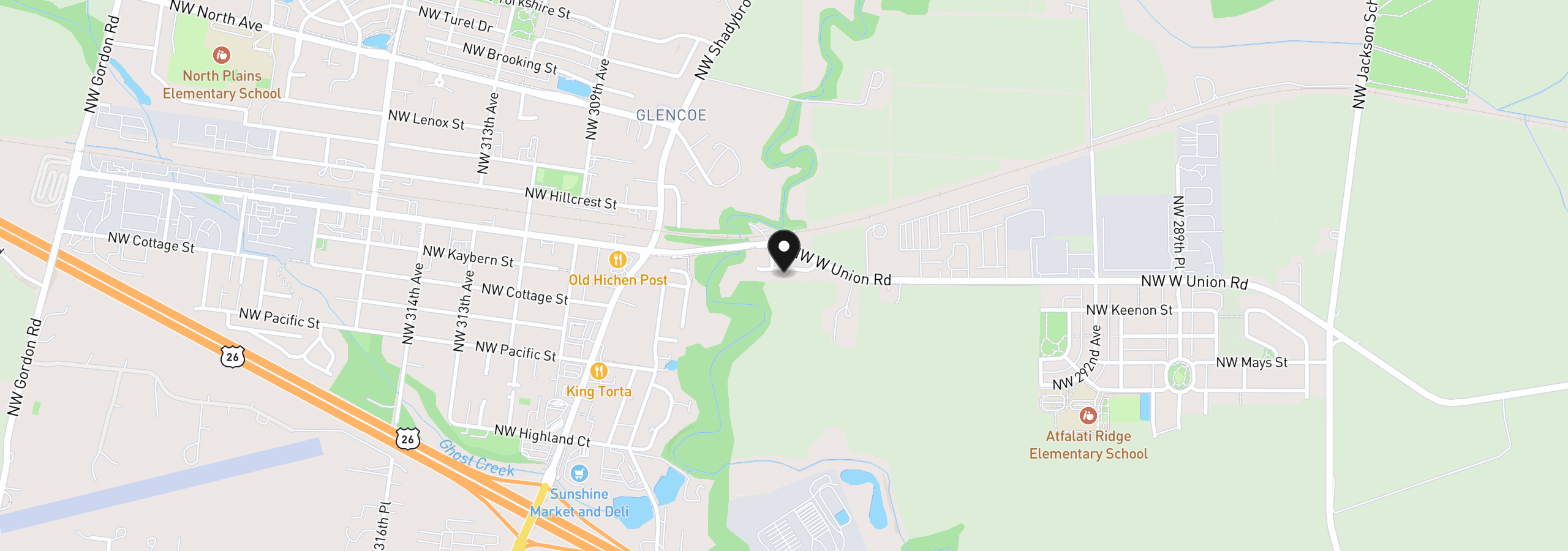 Map showing the location of 30276 NW Stewart Ln, North Plains, OR 97133