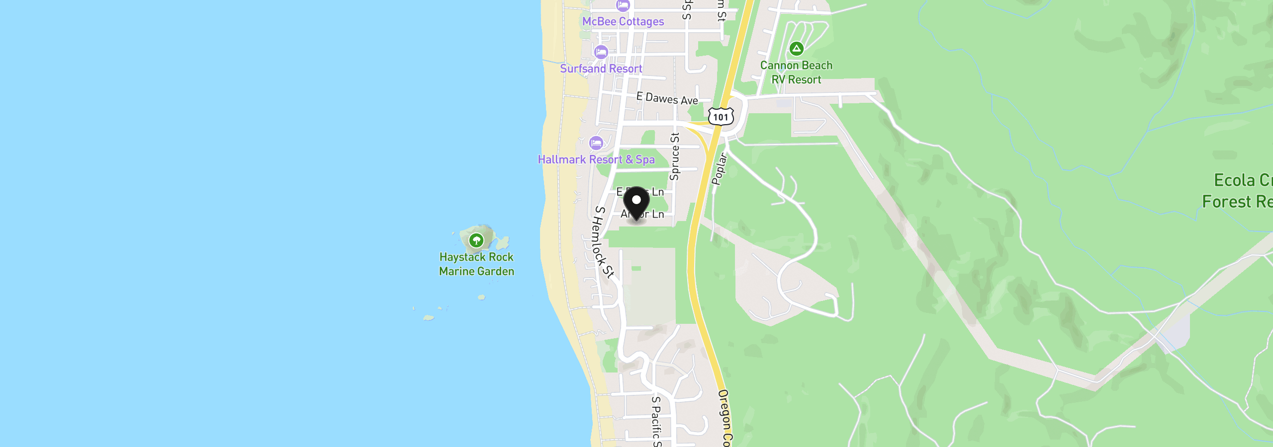 Map showing the location of 131 Arbor Ln, Cannon Beach, OR 97110