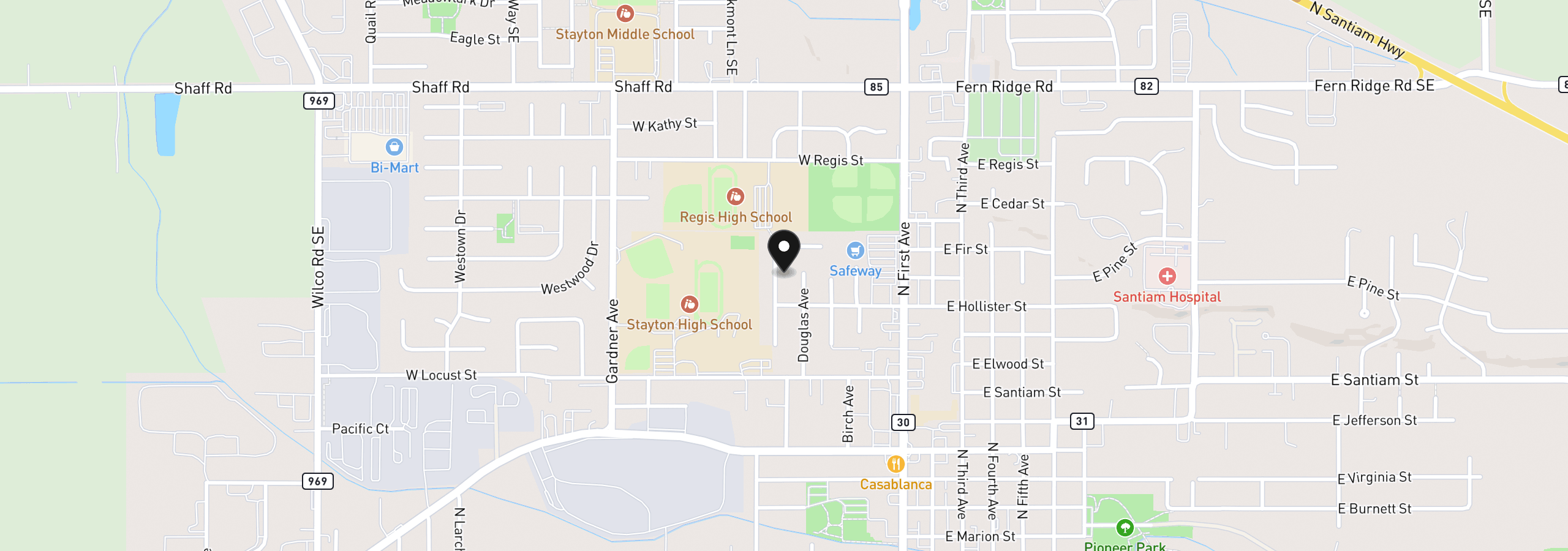 Map showing the location of 1416 N Evergreen Ave, Stayton, OR 97383