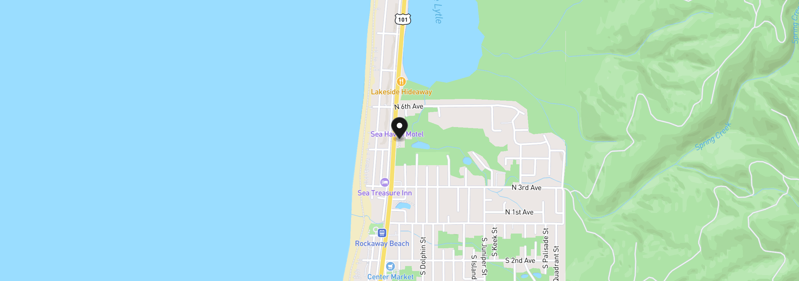 Map showing the location of Hwy 101 and N 5th 1-10, Rockaway Beach, OR 97136