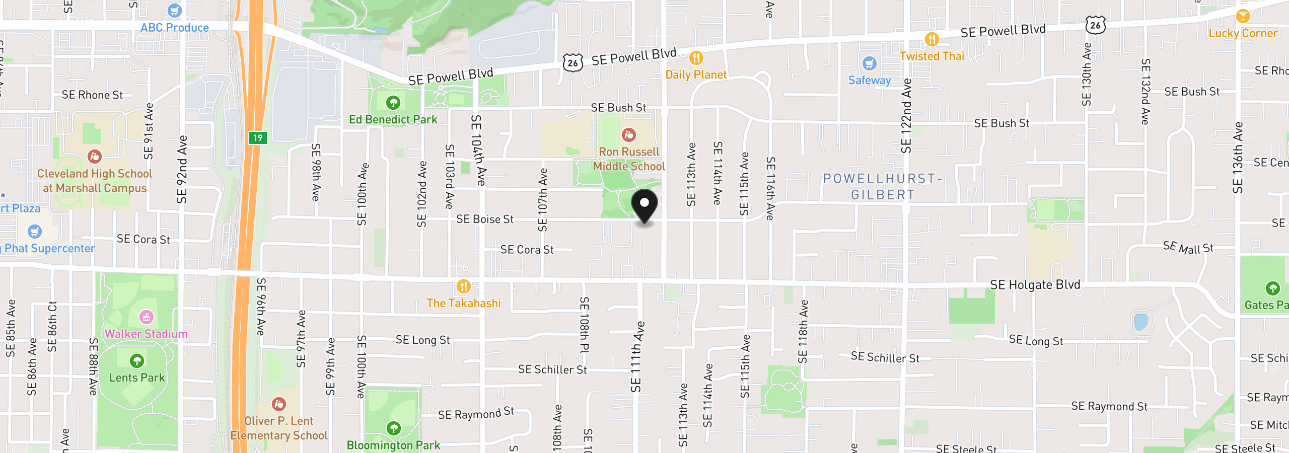 Map showing the location of 11126 SE Boise St, Portland, OR 97266
