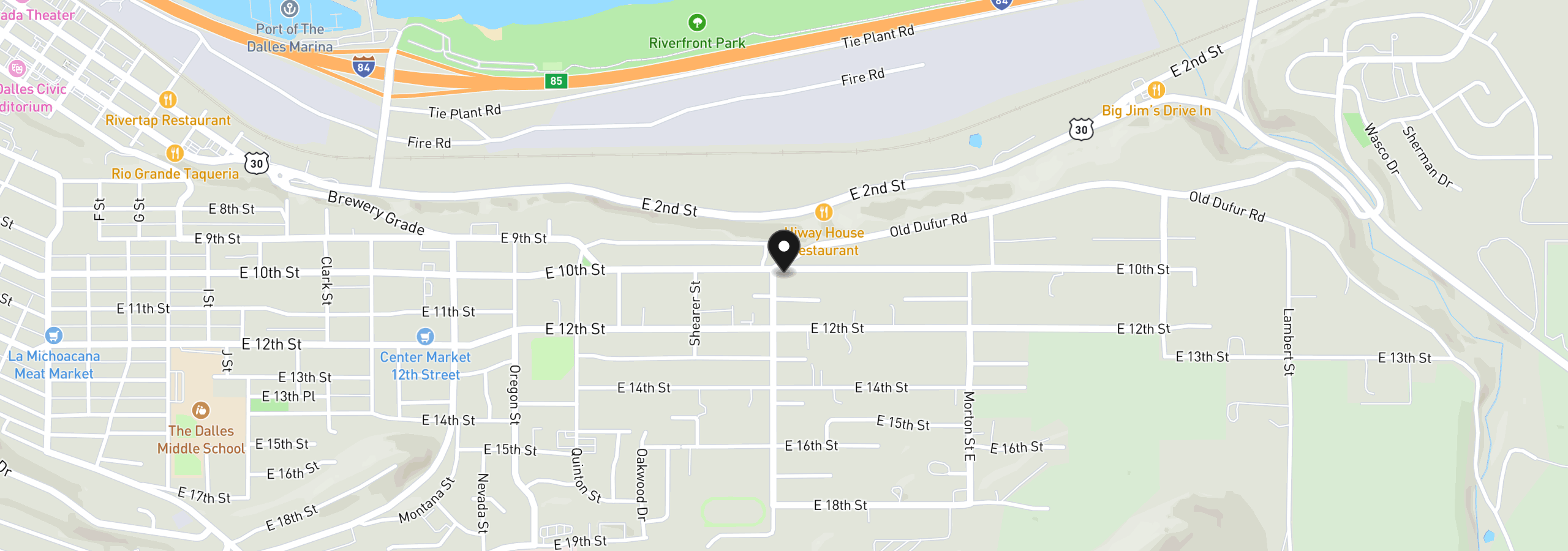 Map showing the location of 2406 E 10th St, The Dalles, OR 97058