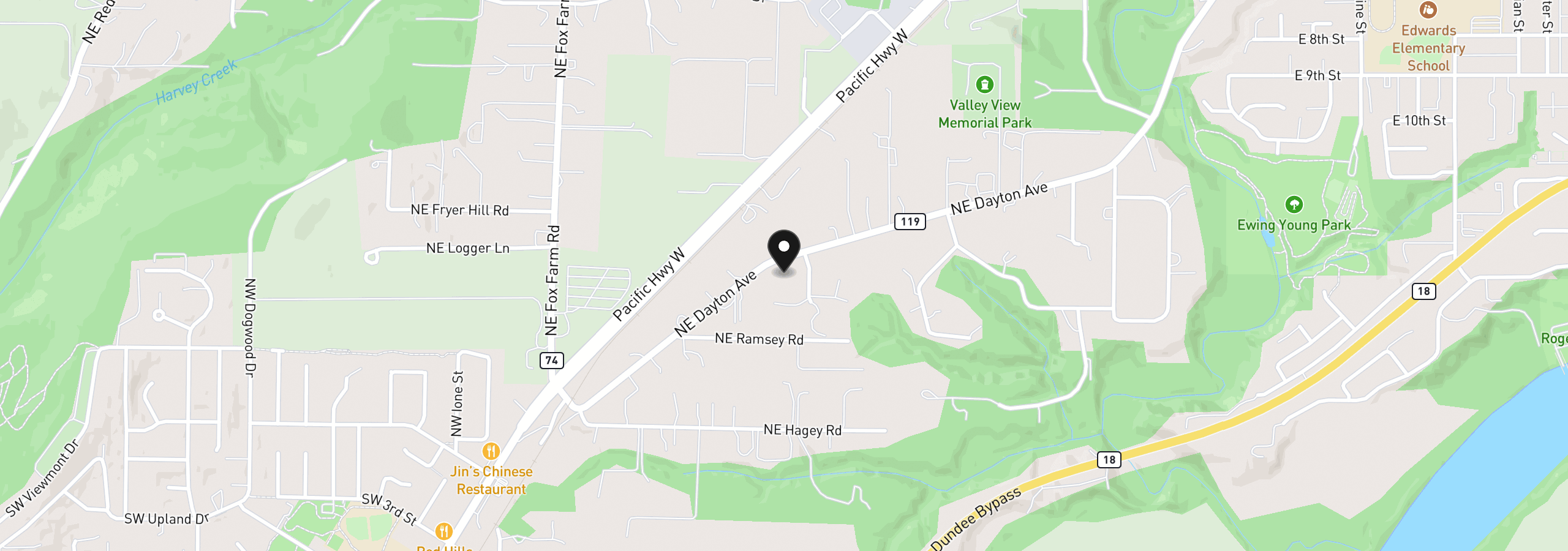 Map showing the location of 9925 NE Hillview Ct, Newberg, OR 97132