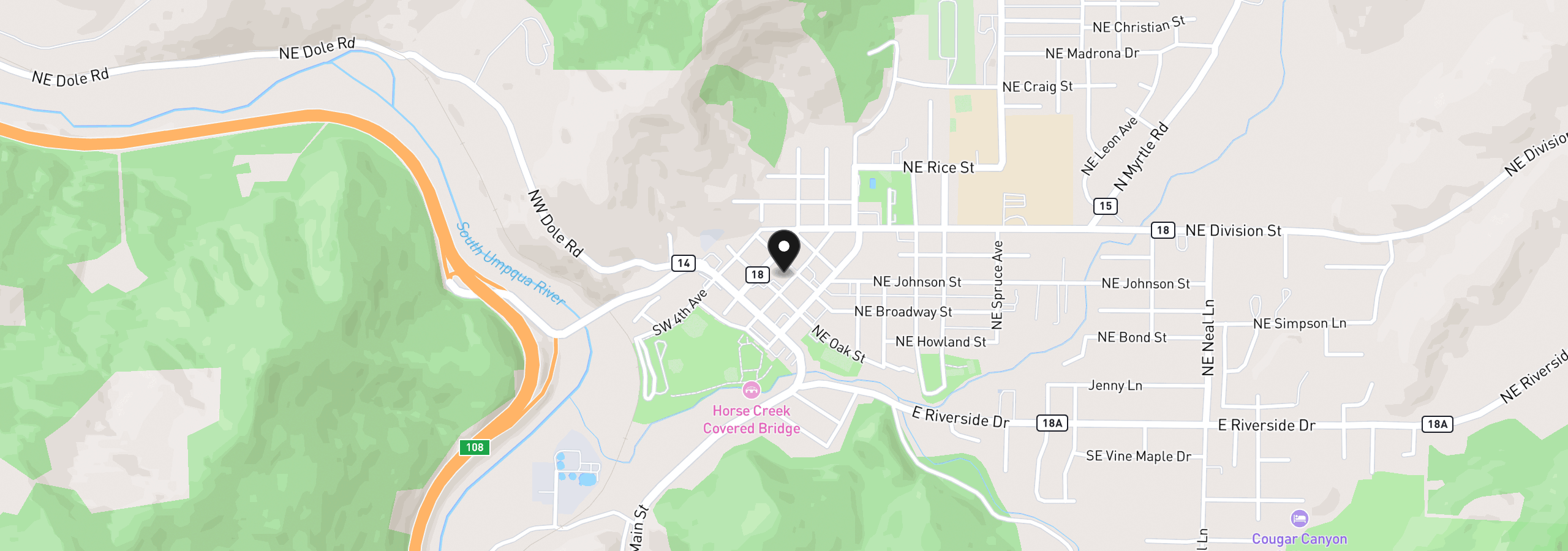 Map showing the location of 226 NW 2nd Ave, Myrtle Creek, OR 97457