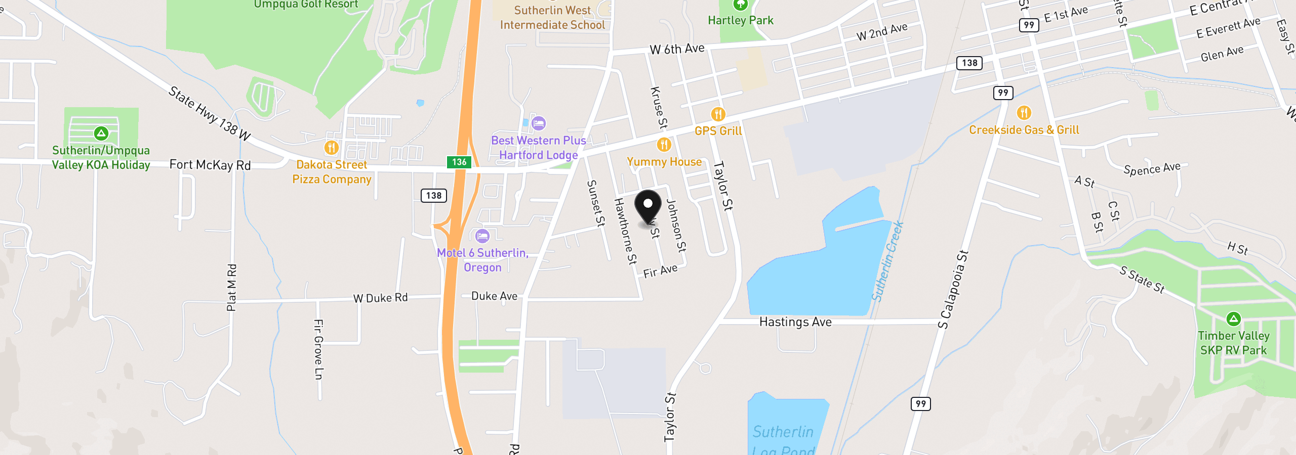 Map showing the location of 273 Eddy St, Sutherlin, OR 97479