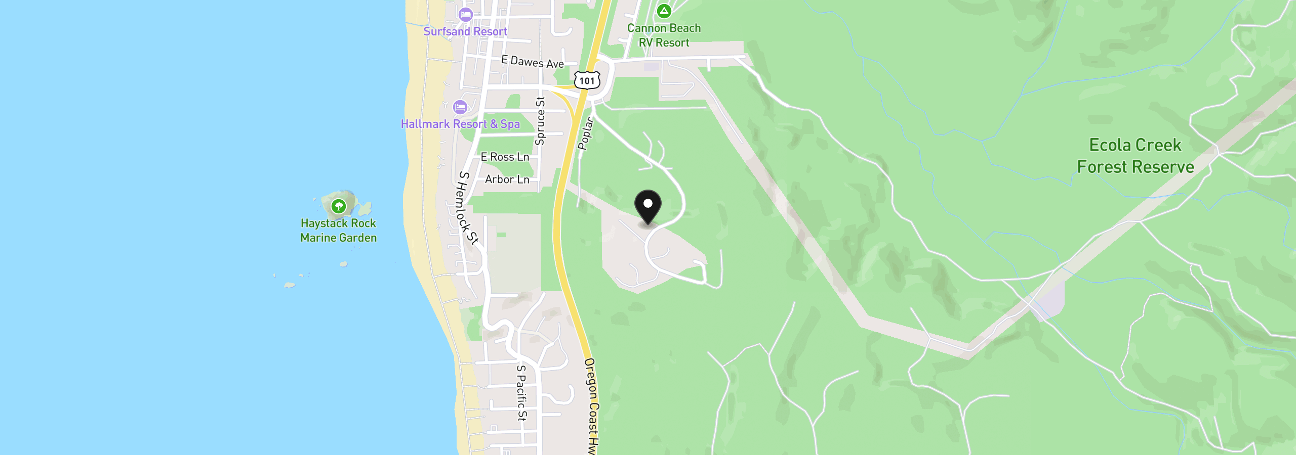Map showing the location of Seascape Dr, Cannon Beach, OR 97110