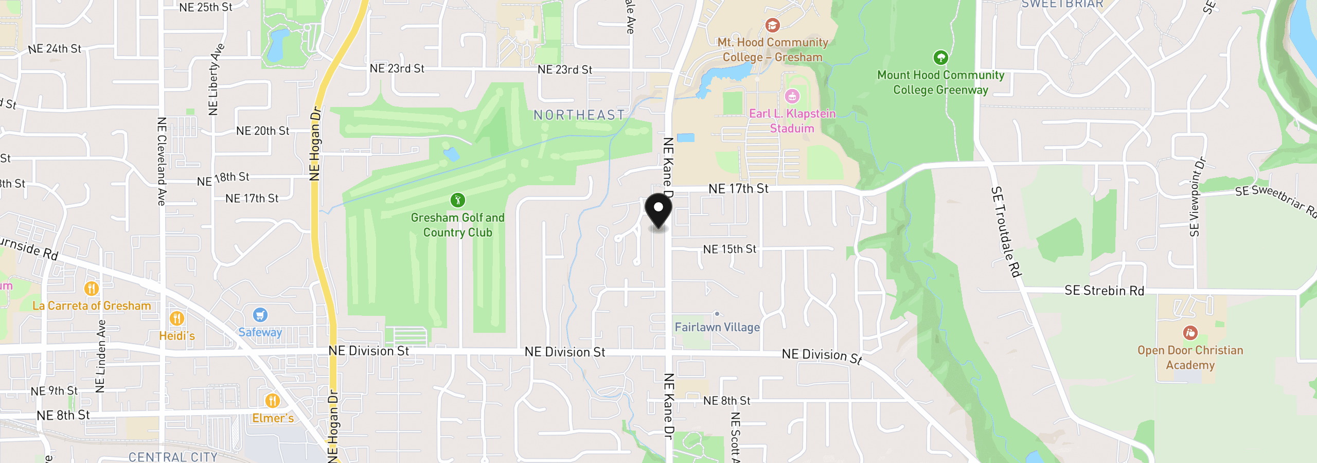 Map showing the location of 1537 NE Kane Dr, Gresham, OR 97030