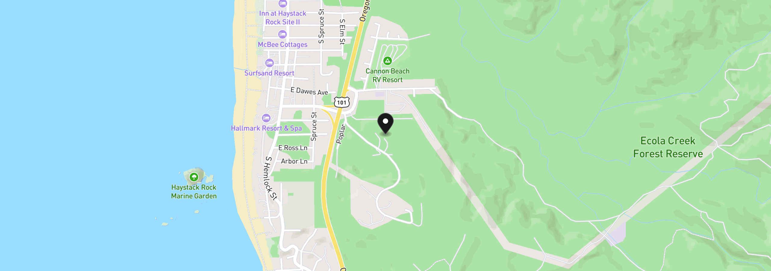 Map showing the location of 387 Sunset Blvd, Cannon Beach, OR 97110
