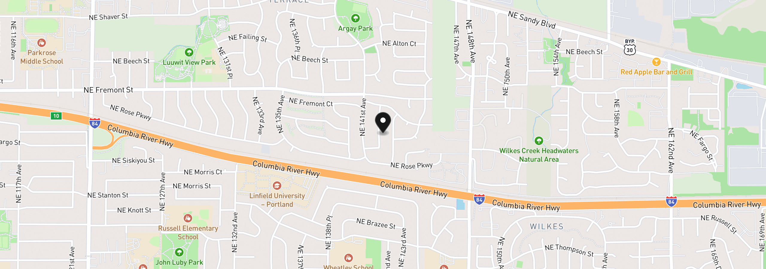 Map showing the location of 3130 NE 142nd Ave, Portland, OR 97230