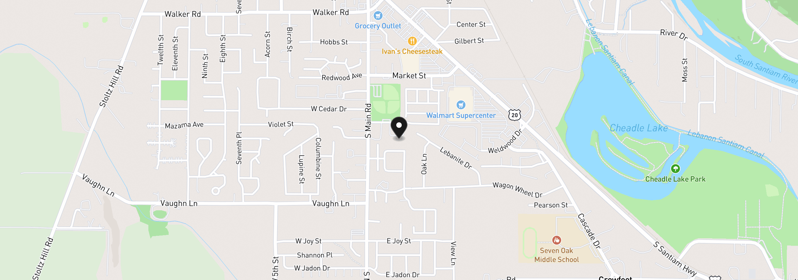 Map showing the location of 74 Weldwood Dr, Lebanon, OR 97355