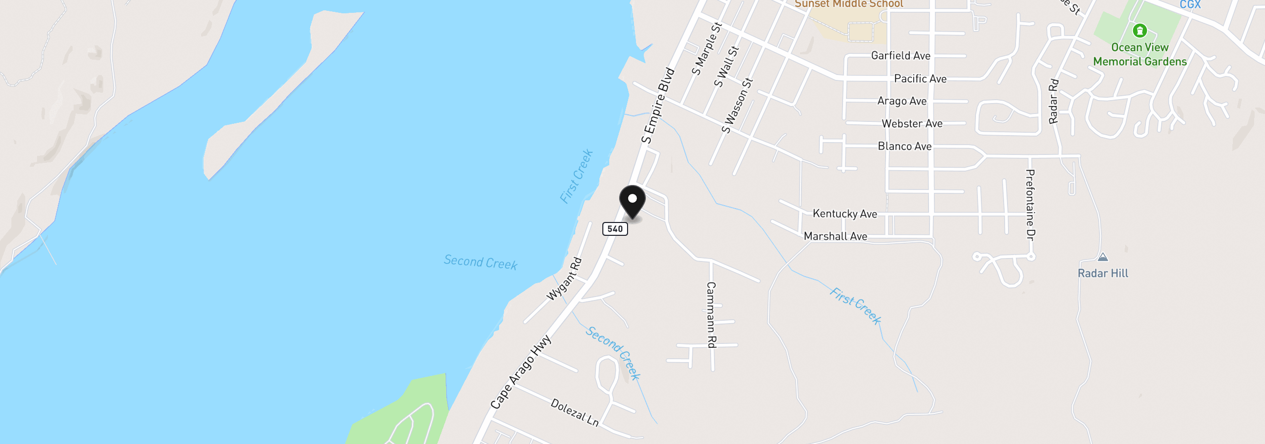 Map showing the location of 92786 Cape Arago Hwy, Coos Bay, OR 97420
