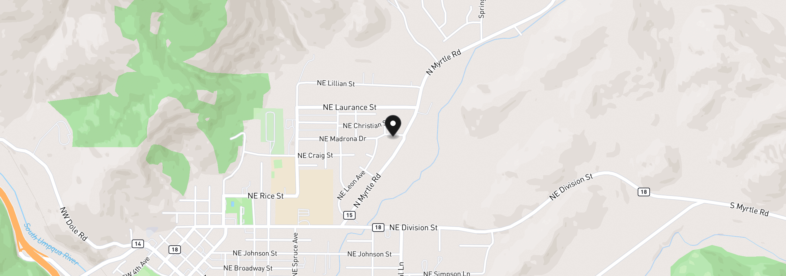 Map showing the location of 954 NE Madrona Dr, Myrtle Creek, OR 97457