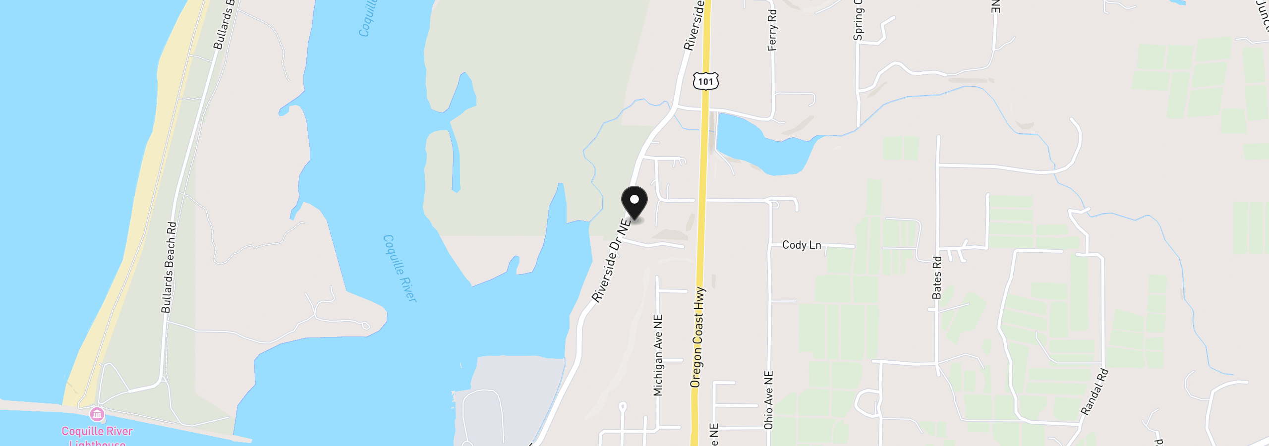 Map showing the location of 1218 Riverside Dr, Bandon, OR 97411