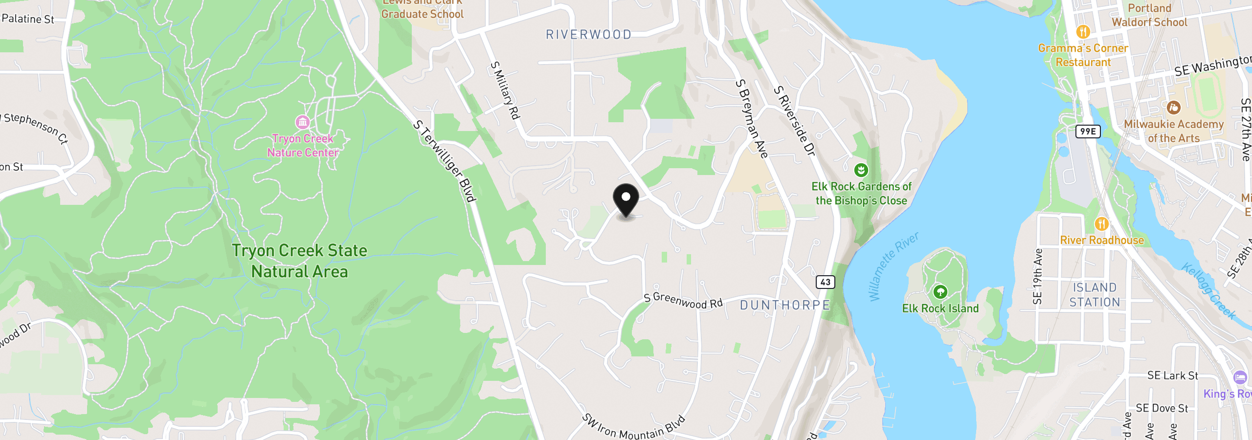 Map showing the location of 1618 S Corbett Hill Cir, Portland, OR 97219