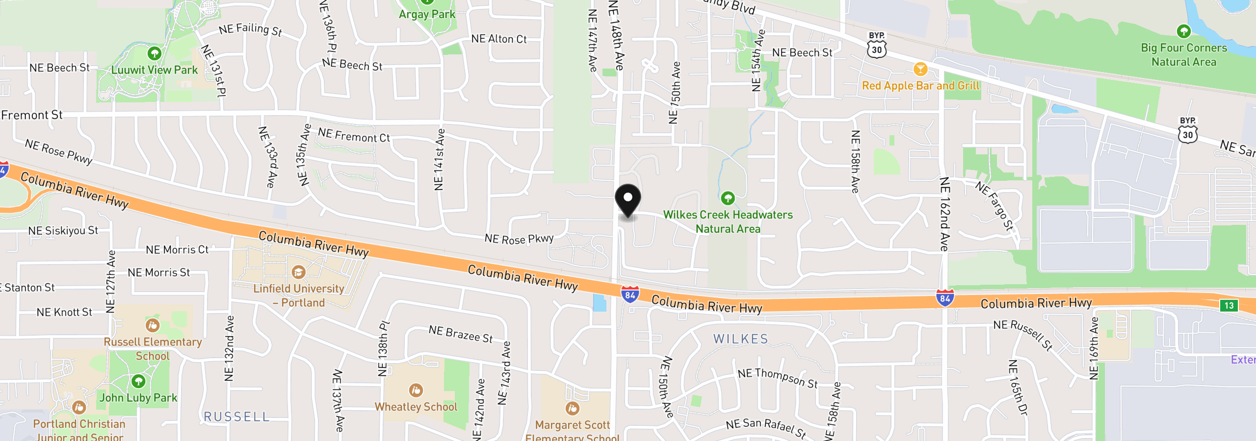 Map showing the location of 14812 NE Rose Pkwy 58b, Portland, OR 97230