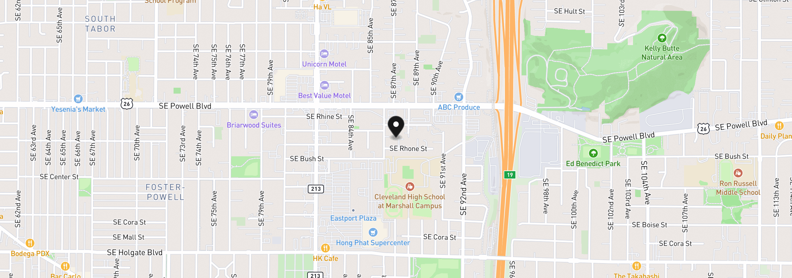 Map showing the location of 8637 SE Rhone St SE, Portland, OR 97266