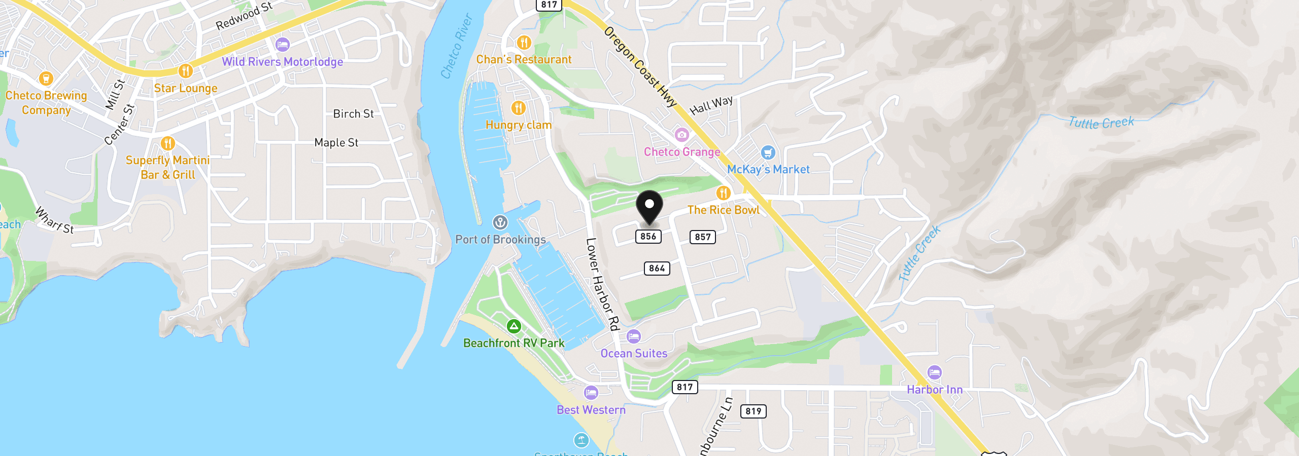 Map showing the location of Crestline Loop, Brookings, OR 97415