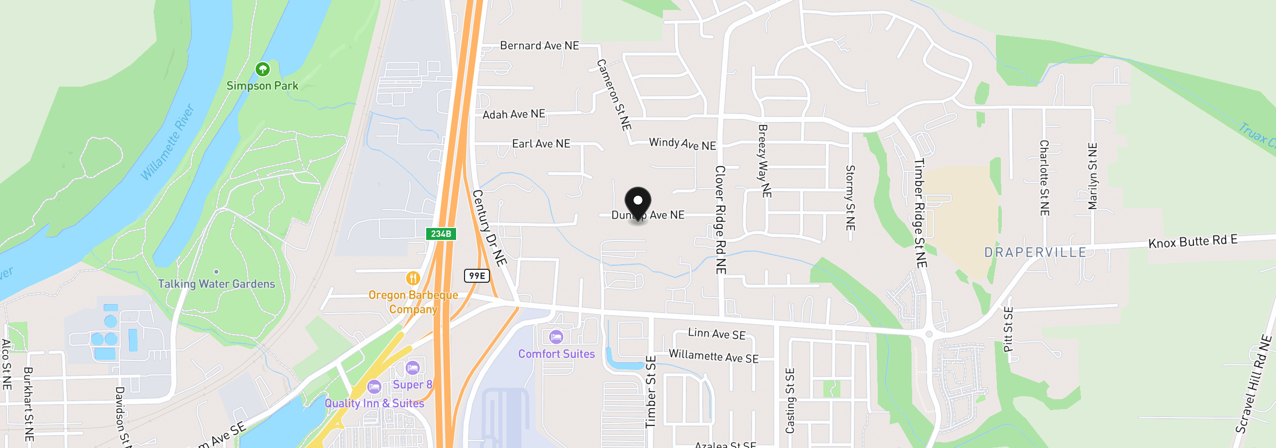 Map showing the location of 3800 Dunlap Ave NE, Albany, OR 97322