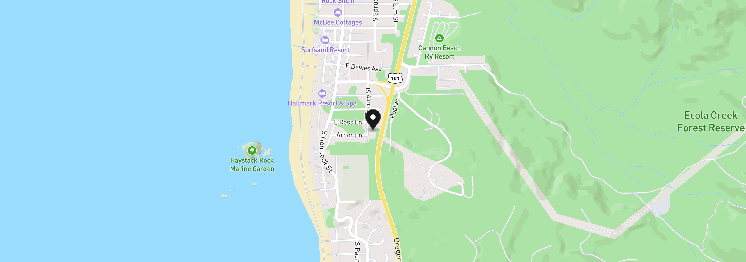 Map showing the location of Spruce St 400, Cannon Beach, OR 97110